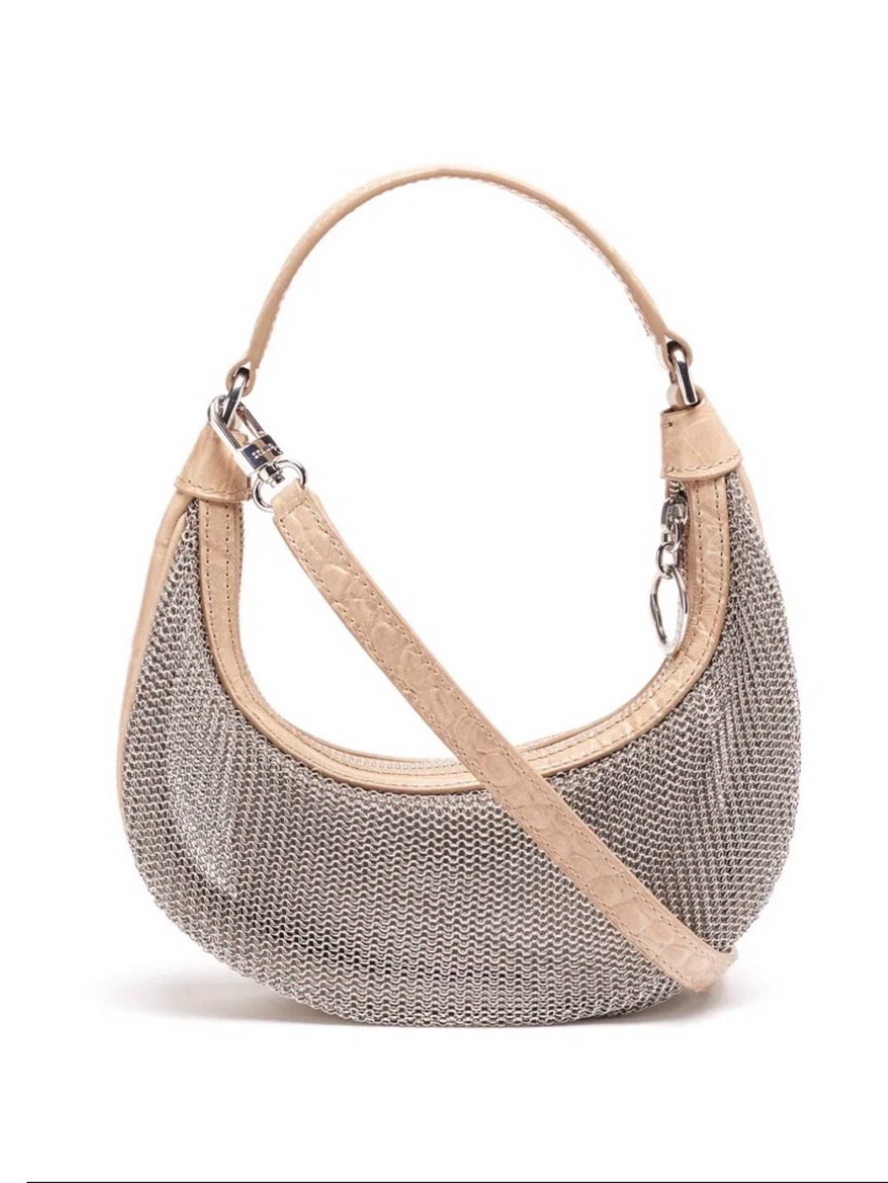 STAUD Sasha Silver Chainmail Shoulder & Crossbody Bag Beige Croc Leather Rare